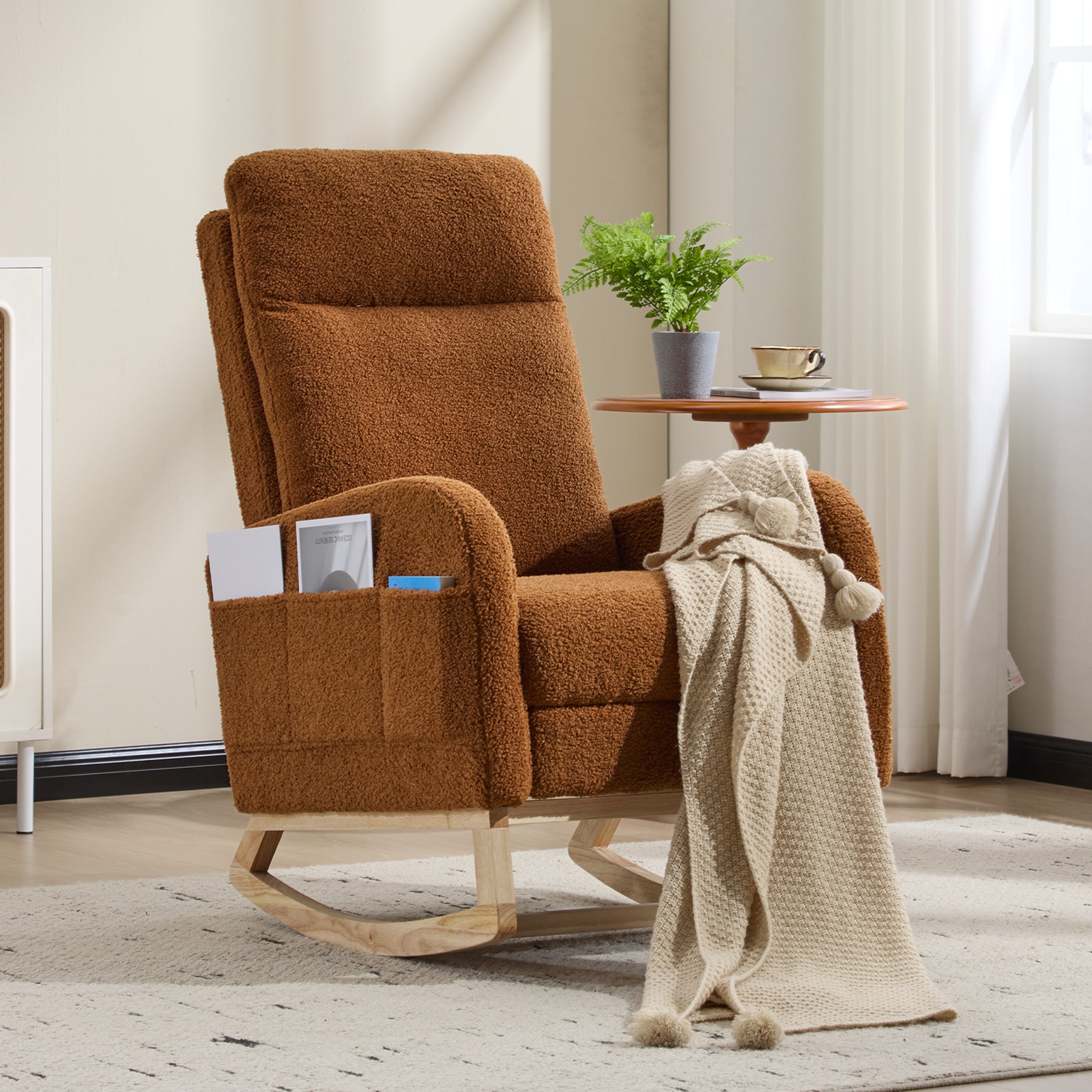 Modern Accent Rocking Chair Rocking Chair With Solid Wood Legs, Upholstered Nursery Glider Rocker, Comfy Armchair With Side Pocket, Living Room Lounge Arm Chair With High Backrest (Brown,teddy)_voghion.com